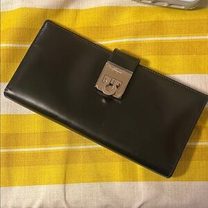 Salvatore Ferragamo Black Leather Wallet with Silver Logo Clasp